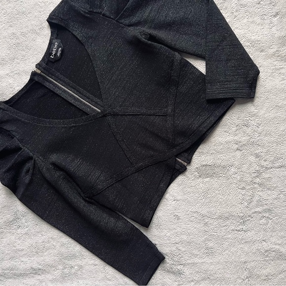 Bebe Bandage Bodycon Stretch Knit Puff Sleeve Shimmer Cropped Evening Top Black - Picture 1 of 16